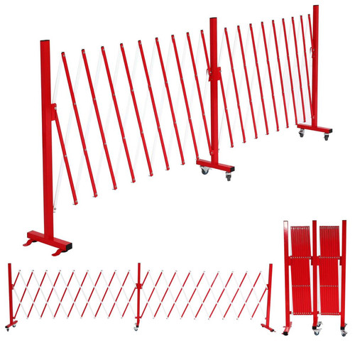 Accessoires de semi Mendler Barrière de sécurité en aluminium HWC-B34, barrière de sécurité à ciseaux avec roulettes, extensible 110x60-500cm ~ rouge-blanc