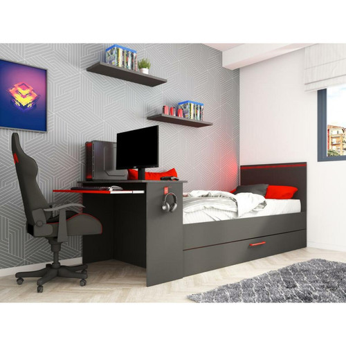 Vente-Unique - Lit gigogne gamer 90 x 200 et 90 x 190 cm - Avec bureau - LEDs - Anthracite et rouge + Matelas + Sommier - VOUANI Vente-Unique - Vente-Unique