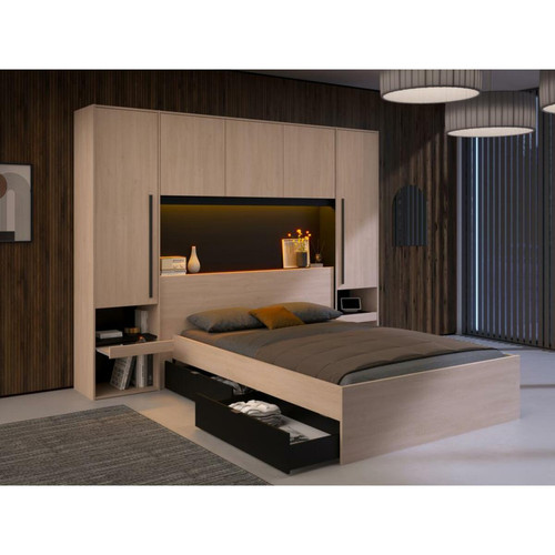 Vente-Unique - Pont de lit avec rangements - Avec LEDs - L265 cm - Coloris : Naturel et noir - VELONA Vente-Unique - Lit paiement en plusieurs fois